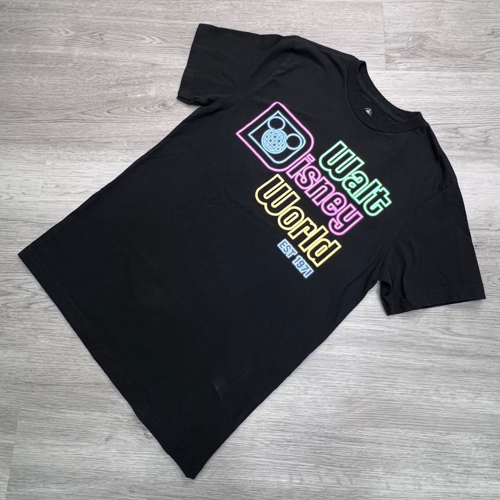 Disney Walt Disney World Neon Logo Graphic T-Shirt Black Small EST 1971